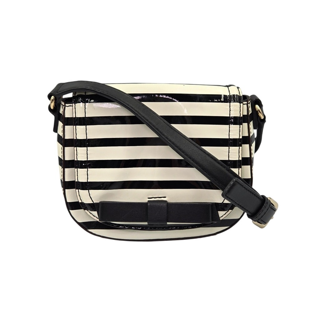 Kate Spade Black White‎ Stripe Patent Leather Bow Crossbody Bag